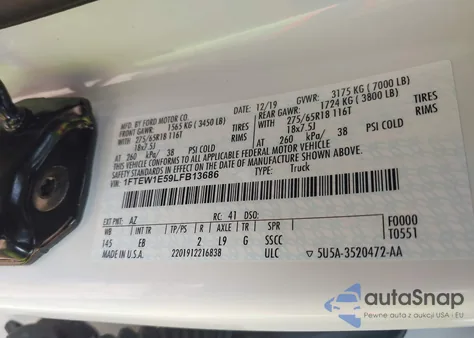 2020 Ford F-150 Lariat z USA, uszkodzony, nr VIN 1FTEW1E59LFB13686